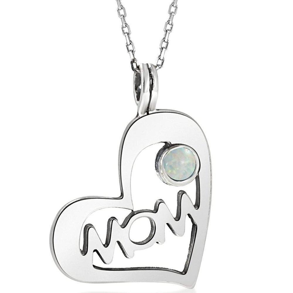 Handmade 925 In Sterling Silver Heart - Mom Necklace with White Opal Gemstone